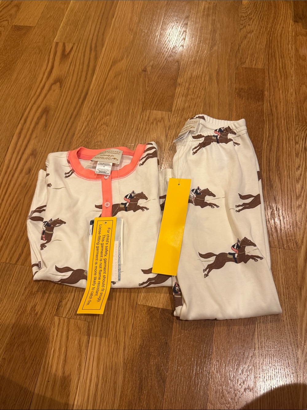 Beaufort Bonnet Cream Horse Print Kids Pajama Set with Coral Trim
